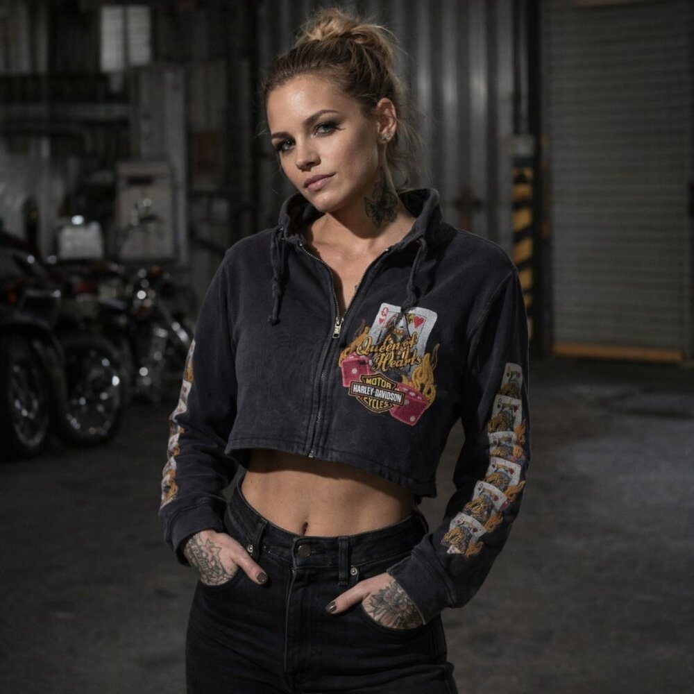 Harley-Davidson Cropped Zip Hoodie Queen of Hearts Y2K Distressed Graphic XS/S